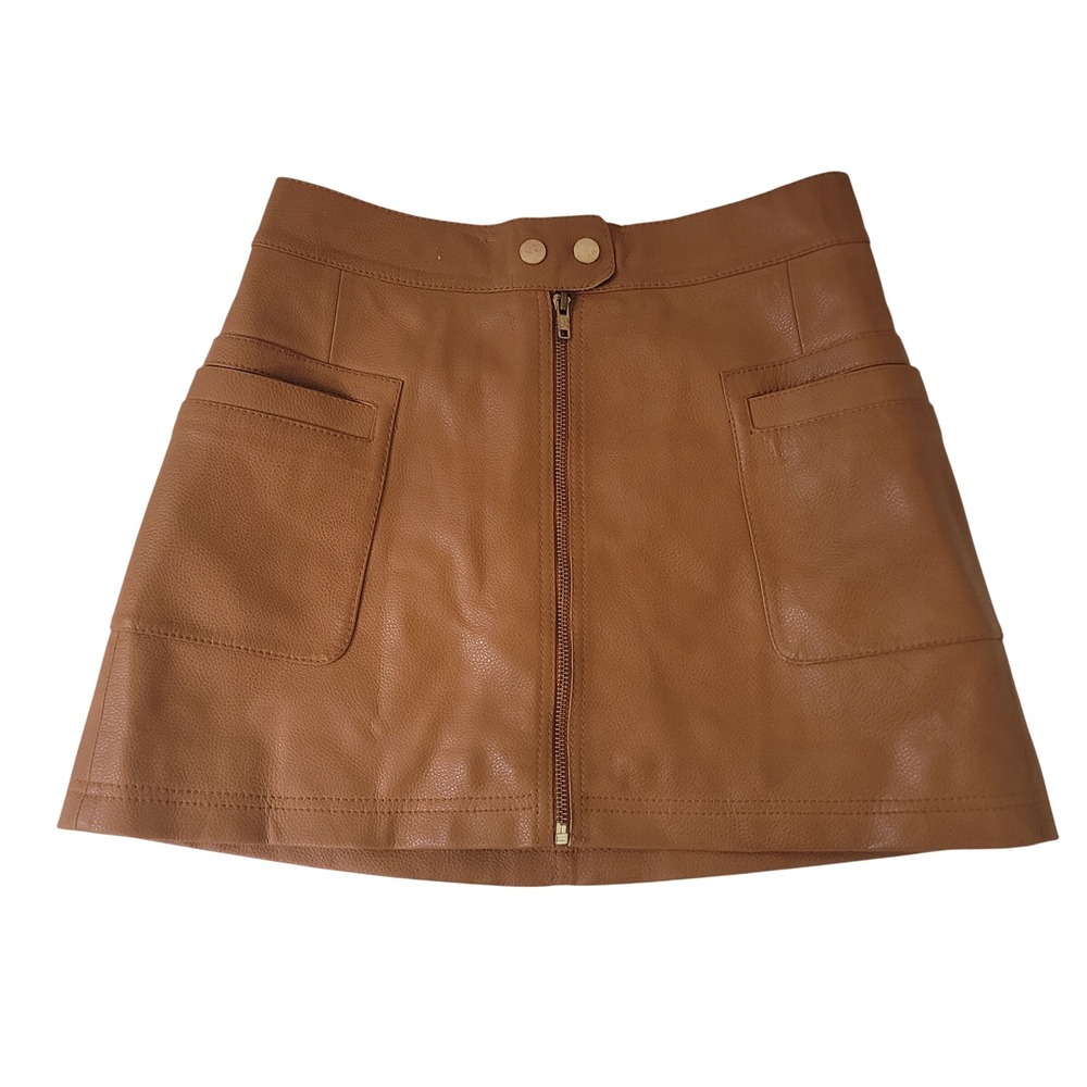 Free‎ People Size 2 Mini Skirt Womens Tan Faux Leather Front Zip Pockets